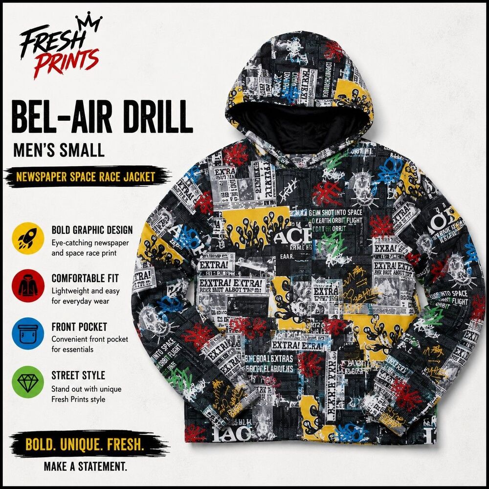 Fresh Prints Bel-Air Drill Men's Small Newspaper Space Race Graphic Hoodie